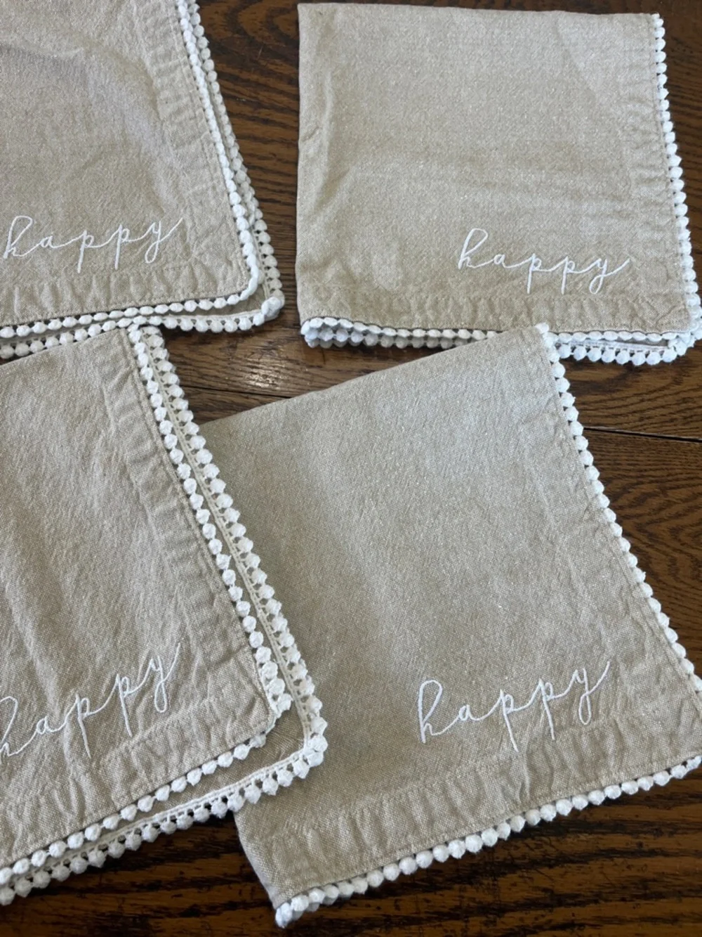 Mud pie Beige 'happy' Embroidered Napkins with Pom Trim - Set of 4